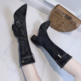 Pointed Toe Thick Heel Denim High Boots For Women BadAssWear.fi
