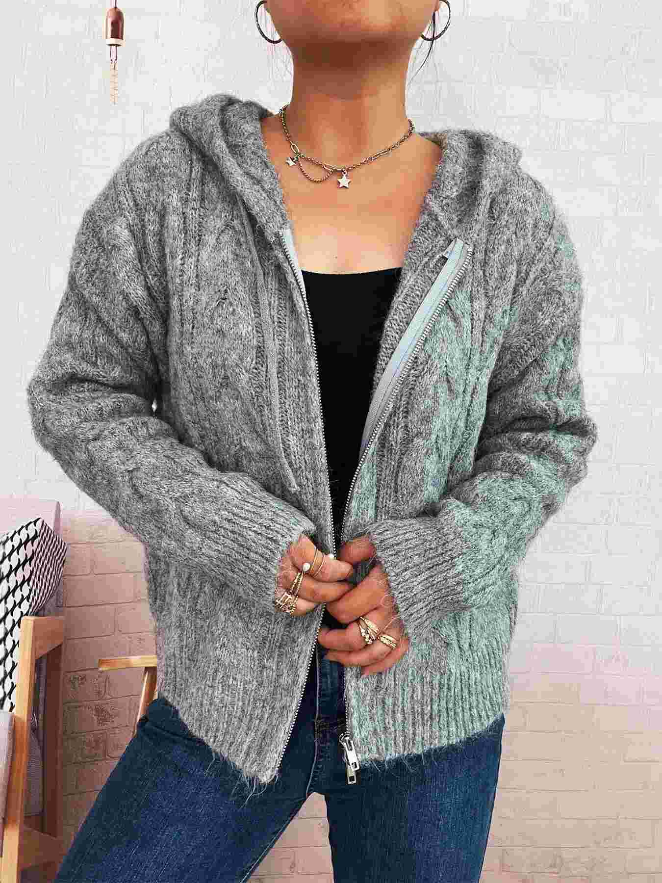 Women's Cable Knit Hooded Zip-Up Cardigan BadAssWear.fi
