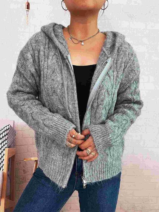 Women's Cable Knit Hooded Zip-Up Cardigan BadAssWear.fi