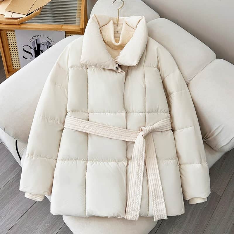 Warm Lapel Plaid Coat With Belt Design Fashion Casual Thick Jacket Fall And Winter Women&