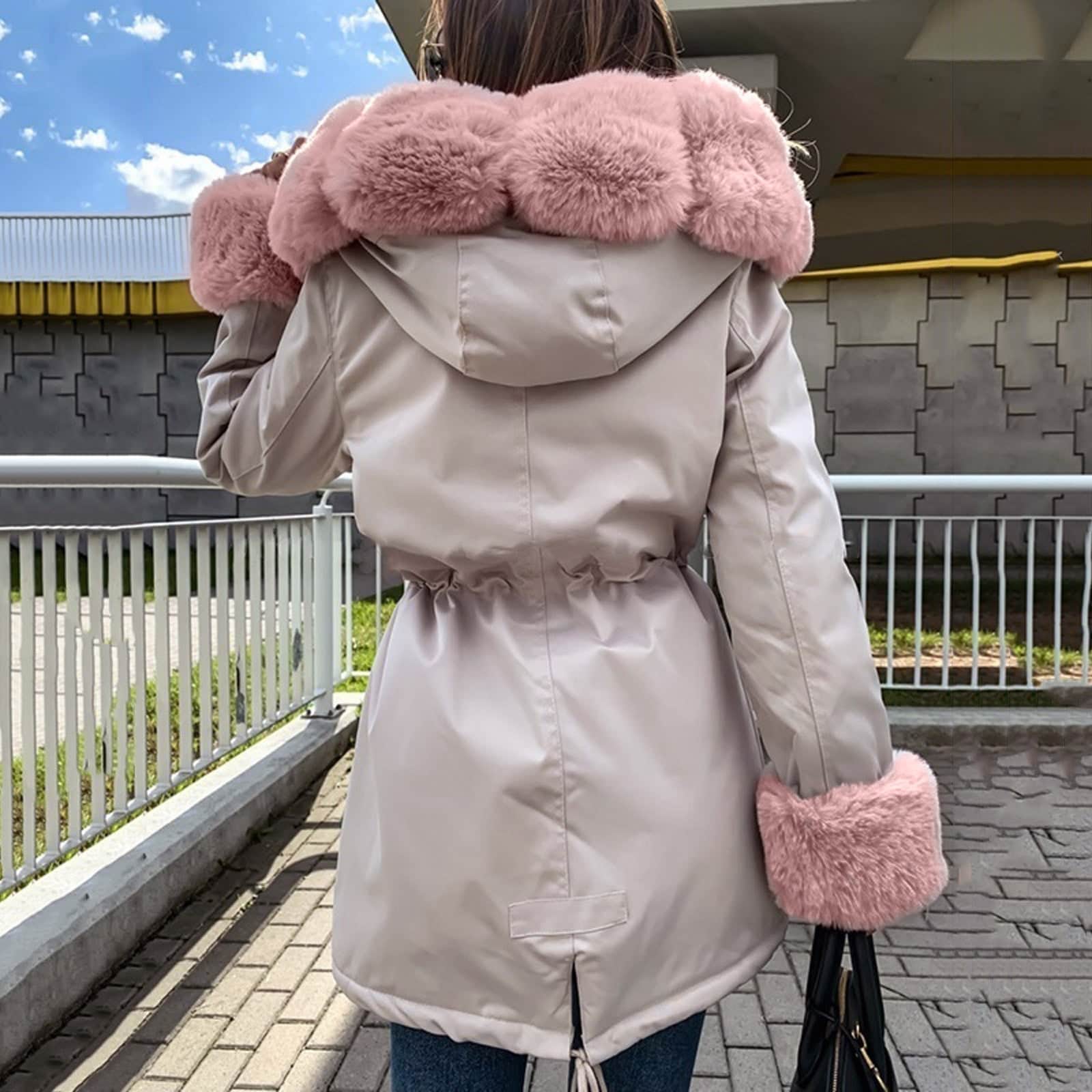 Women's Hooded Long-sleeve Warm Zippered Cotton Coat Solid Color Jacket With Removable Fur Collar BadAssWear.fi