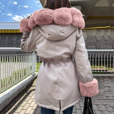 Women's Hooded Long-sleeve Warm Zippered Cotton Coat Solid Color Jacket With Removable Fur Collar BadAssWear.fi