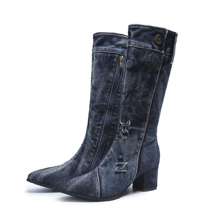 Pointed Toe Thick Heel Denim High Boots For Women BadAssWear.fi