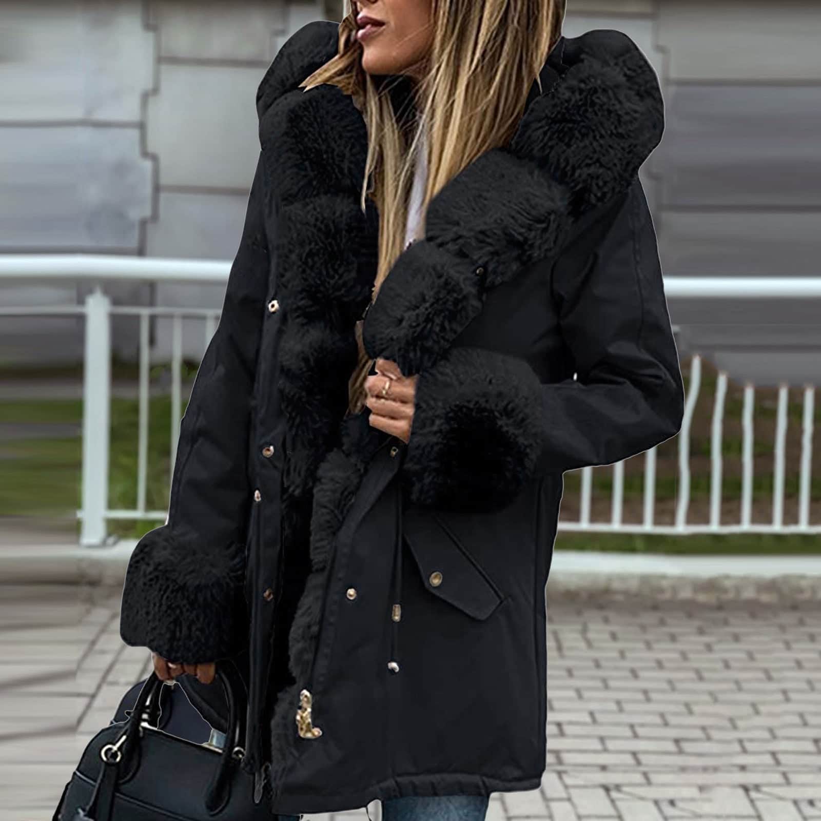 Women's Hooded Long-sleeve Warm Zippered Cotton Coat Solid Color Jacket With Removable Fur Collar BadAssWear.fi