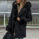 Women's Hooded Long-sleeve Warm Zippered Cotton Coat Solid Color Jacket With Removable Fur Collar BadAssWear.fi