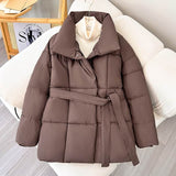 Warm Lapel Plaid Coat With Belt Design Fashion Casual Thick Jacket Fall And Winter Women's Clothing BadAssWear.fi