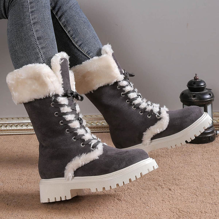 Winter Lace-up Snow Boots For Women Mid-tube Fleece Shoes Warm Chunky Heels Plush Boot null
