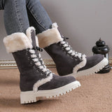 Winter Lace-up Snow Boots For Women Mid-tube Fleece Shoes Warm Chunky Heels Plush Boot null