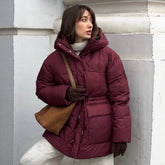 Wine Red Hooded Cotton Jacket Lace-up Waist Zipper Bread Thermal Cotton-padded Coat BadAssWear.fi