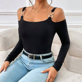 Women's Spring And Summer Fashion Simple Suspender Off-Shoulder Metal Hook Long-Sleeved Sexy Top BadAssWear.fi